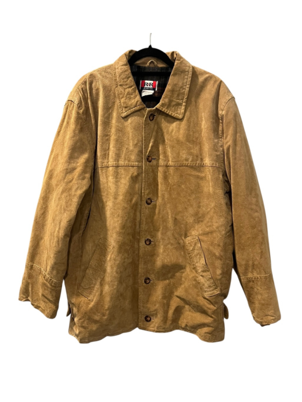 Vintage R&R Jean Co. Men's L Tan Suede Leather Jacket Plaid Lined Shacket Casual